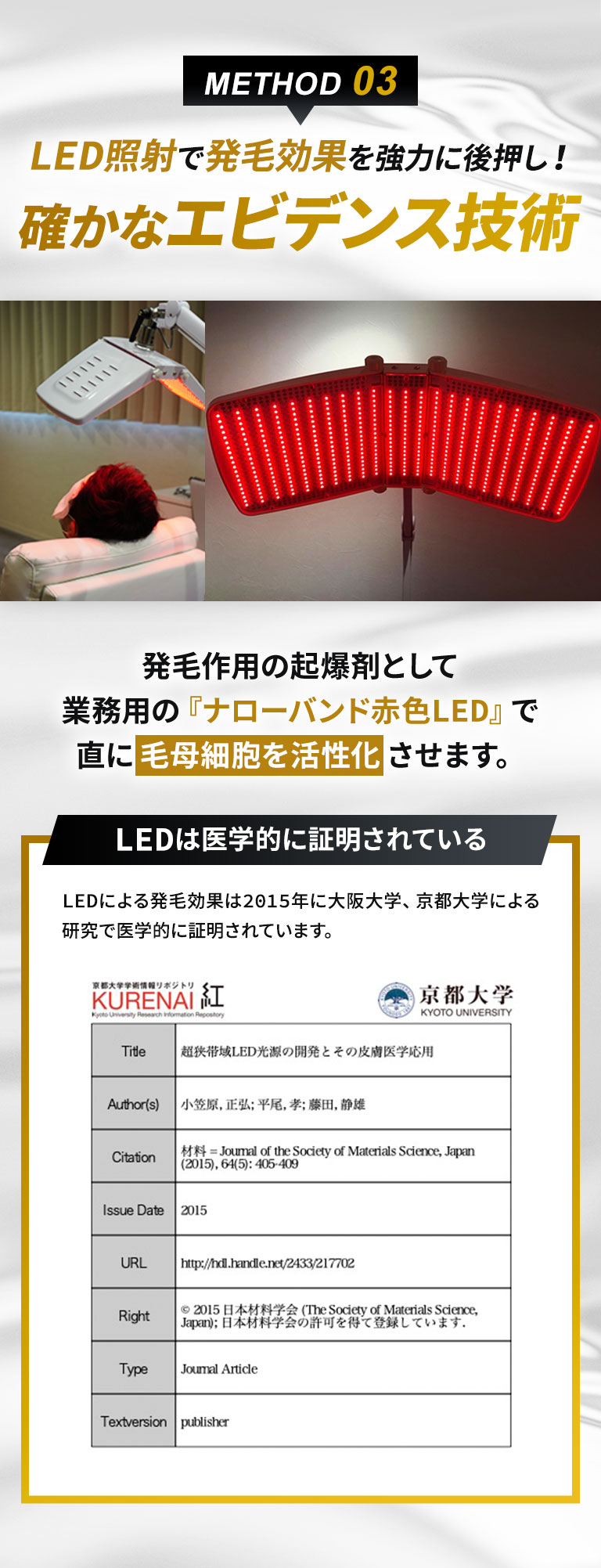 METHOD 03 LED照射で発毛効果を強力に後押し！確かなエビデンス技術 発毛作用の起爆剤として業務用の『ナローバンド赤色LED』で直に毛母細胞を活性化させます。